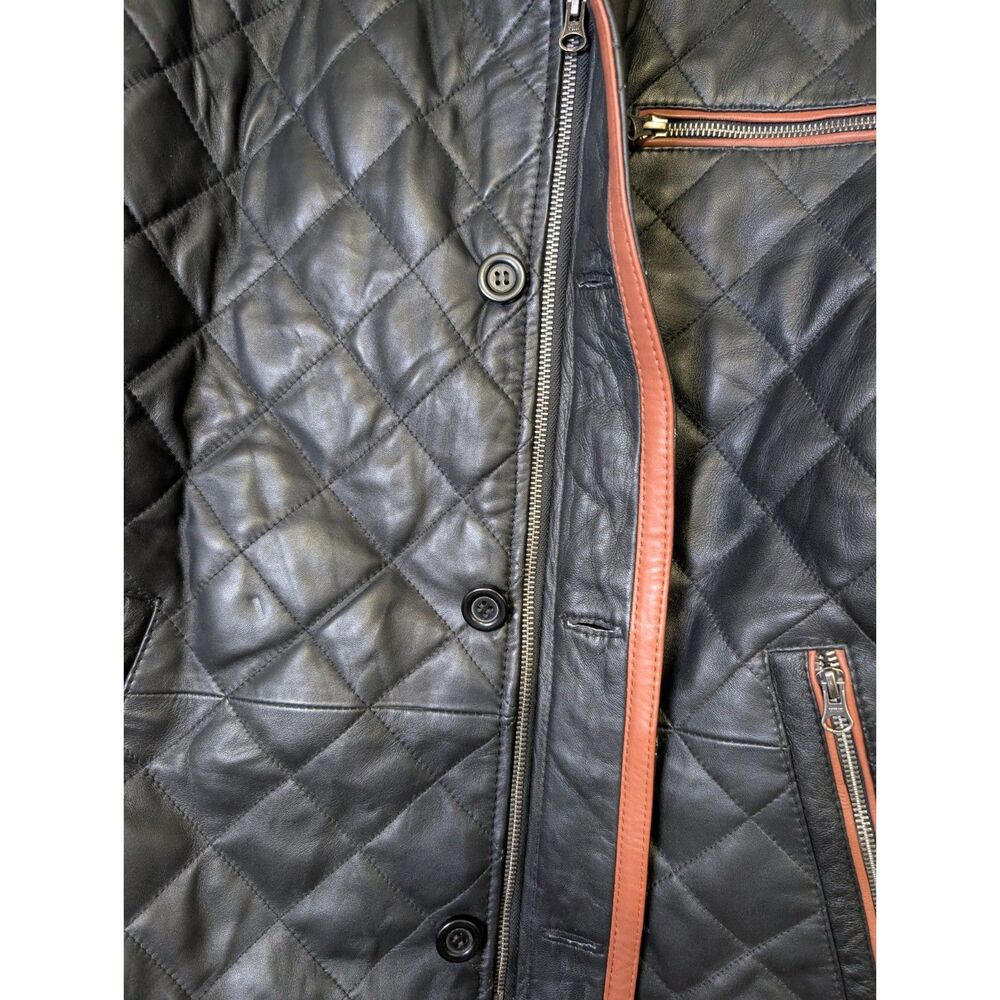 Men’s Quilted Leather Car Coat Black Brown Trim Luxe Minimalist L Heritage NWT - Picture 12 of 12